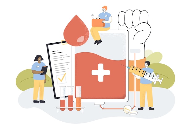 환자 카드와 기증자의 혈액을 가진 작은 만화 간호사. 응급, 의료 캠페인 또는 뉴스 평면 벡터 일러스트레이션을 위한 수혈. 건강, 배너 또는 방문 웹 페이지에 대한 의학 개념