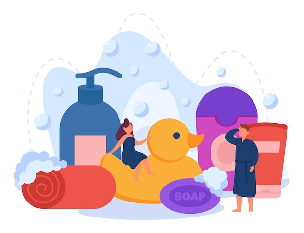 Tiny cartoon people with huge bath cosmetics. Giant soap, sponge and shampoo for bathroom procedures flat vector illustration. Hygiene, spa concept for banner, website design or landing web page