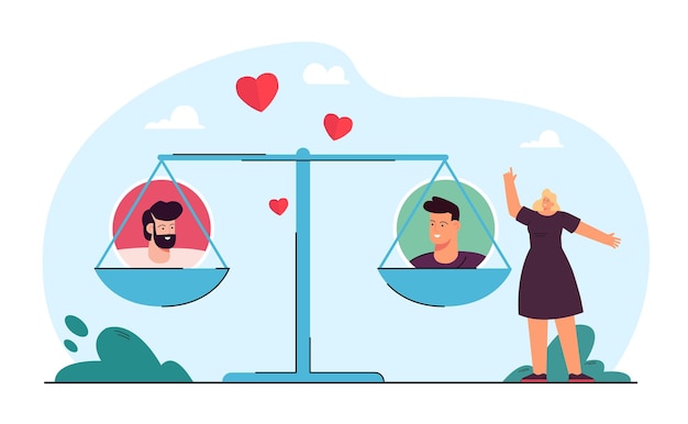 Tiny cartoon woman choosing between two men. scales with male character icons flat vector illustration. love, romance, relationship, choice concept for banner, website design or landing page