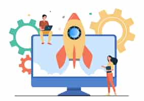 Free vector tiny character launching startup rocket