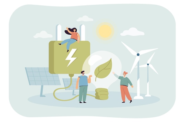 無料ベクター 風車とソーラーパネルのある村の小さなキャラクター。地球を救う、環境にやさしいライフスタイルのフラットベクトルイラストを持つ人々。持続可能なまたは再生可能エネルギー、バナーの技術コンセプト