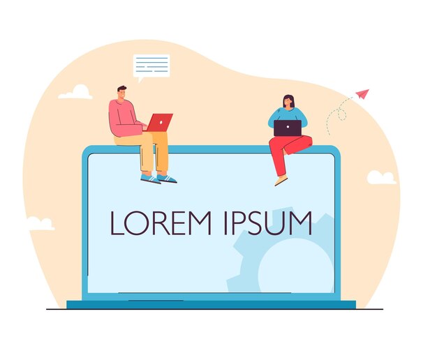 lorem ipsum 제목이 있는 노트북에 앉아 있는 작은 캐릭터