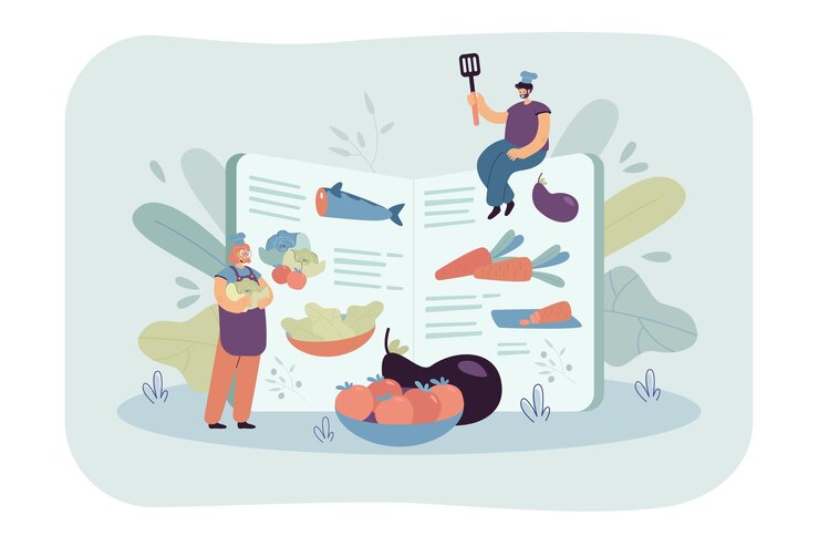 Free Vector tiny chefs cooking healthy food according to recipe book