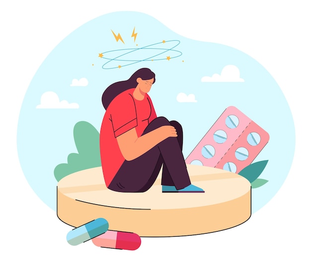 Free vector tiny, depressed woman with anxiety sitting on large pill surrounded by drugs