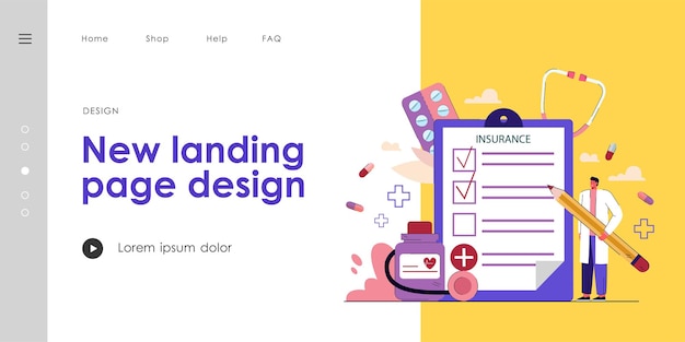 健康保険に加入している小さな医者。医療フォームフラットベクトルイラストに鉛筆で記入して病院の男性。ヘルスケア、バナー、ウェブサイトのデザインまたはランディングウェブページのお金のセキュリティの概念