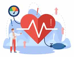 Free vector tiny doctor and heart of patient with high blood pressure. medical checkup at hospital or clinic, risk of cholesterol or cardiovascular disease flat vector illustration. cardiology, health concept