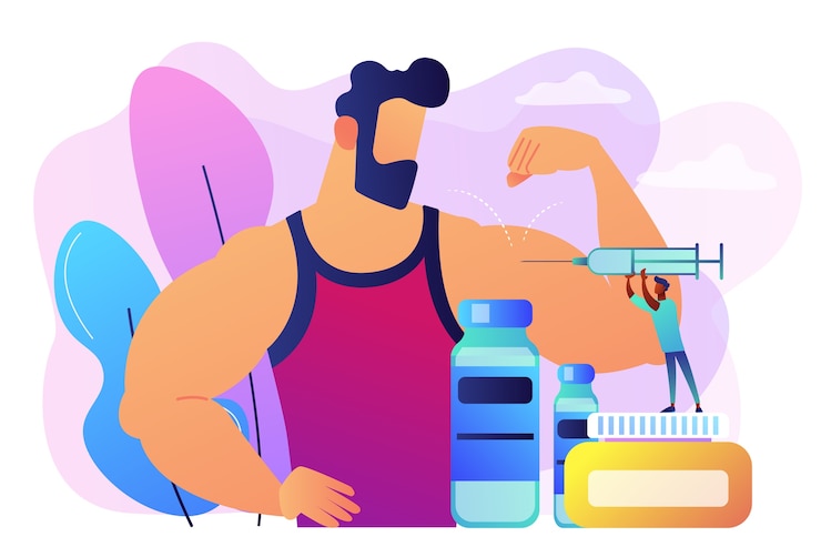 무료 Vector 운동 선수에게 단백 동화 스테로이드 주사를하고 주사기와 작은 의사. 단백 동화 스테로이드, 노화 방지 보조제, 불법 스포츠 약물 개념.