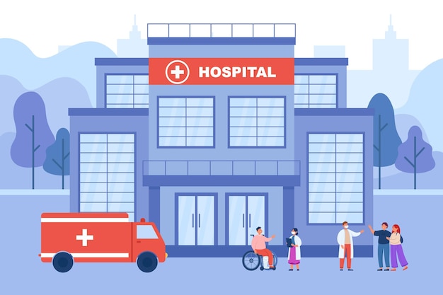 Tiny doctors and patients near hospital flat vector illustration. Therapist in face mask saying goodbye to cured people near medical building and ambulance. Emergency, clinic concept