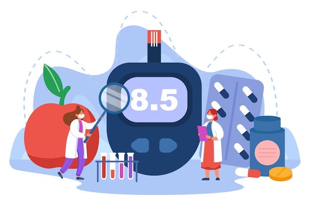 Tiny doctors with glucometer flat vector illustration. Female therapists analyzing result of patients blood glucose sugar test, making diagnosis for diabetic. Hypoglycemia, medicine concept