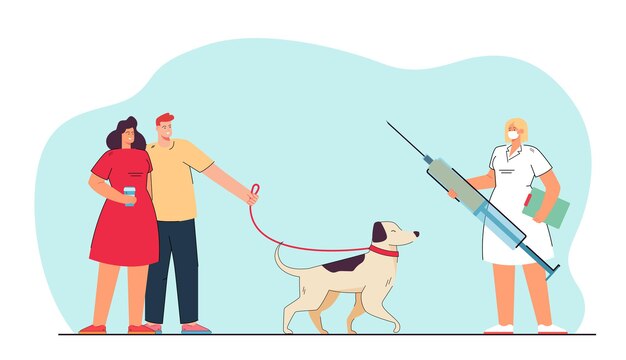 Tiny dog owners having appointment with vet. Veterinarian holding medical syringe for pet vaccination flat vector illustration. Pet care concept for banner, website design or landing web page