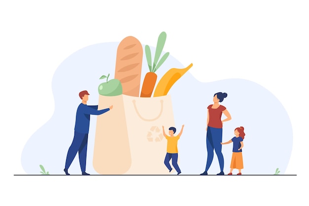 Tiny family at grocery bag with healthy food. Parents, kids, fresh vegetables flat illustration
