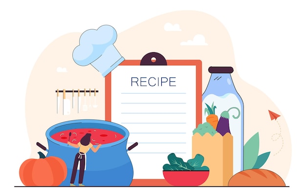 Free vector tiny female chef cooking vegan meal using recipe in kitchen. cook making dish from restaurant menu flat vector illustration. healthy food or diet, culinary, nutrition concept for website design