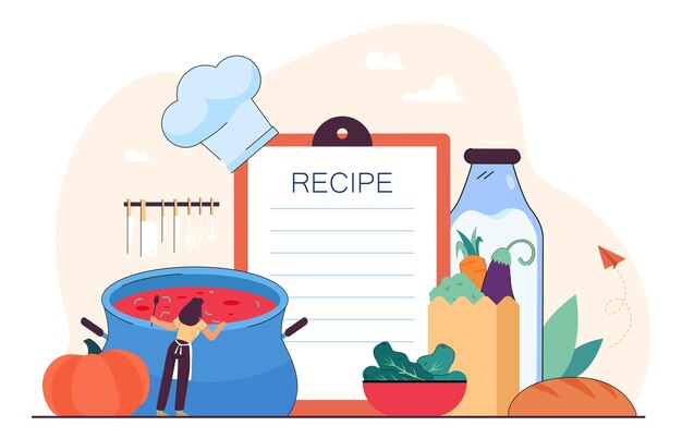 부엌에서 조리법을 사용하여 채식주의 식사를 요리하는 작은 여성 요리사. 레스토랑 메뉴 평면 벡터 일러스트 레이 션에서 요리를 만드는 요리. 웹사이트 디자인을 위한 건강 식품 또는 다이어트, 요리, 영양 개념