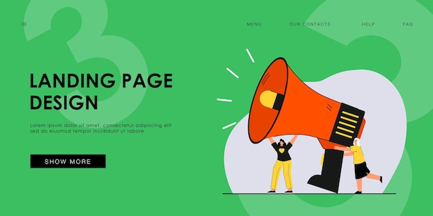 Tiny girls holding huge loudspeaker flat landing page template