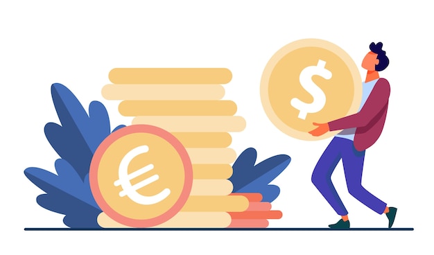 Tiny guy carrying huge gold coin. dollar, cash, money flat vector illustration. finance and banking