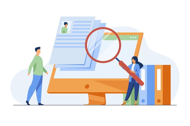仕事の候補者を探している小さな人事マネージャー。インタビュー、拡大鏡、コンピューター画面フラットベクトルイラスト。キャリアと雇用
