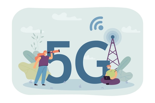 거대한 5g 기호가 있는 작은 남성 및 여성 캐릭터. 망원경을 가진 여자와 노트북을 가진 남자, 라디오 타워 평면 벡터 삽화. 인터넷, 기술, 배너, 웹 사이트 디자인에 대한 연결 개념