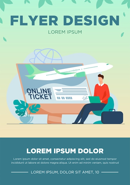 Free vector tiny man buying ticket online via laptop. monitor, plane, baggage flat vector illustration. travelling and digital technology concept