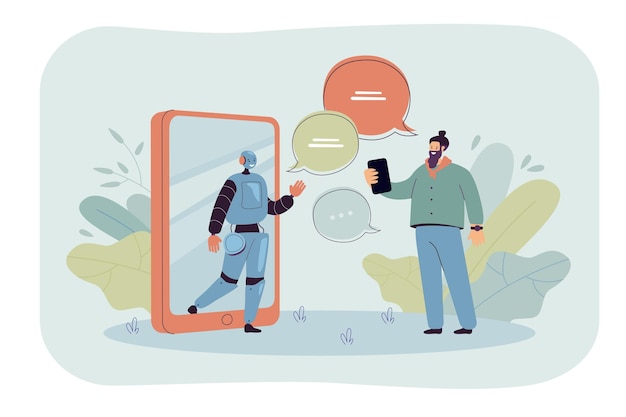 Tiny man chatting online with ai assistant flat illustration