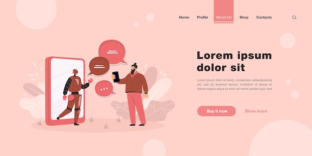 Vettore gratuito piccolo uomo che chatta online con la pagina di destinazione dell'assistente ai in stile piatto