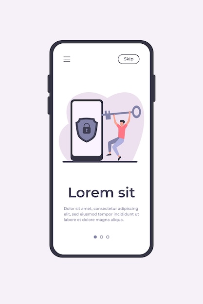 免费矢量小男人用金钥匙解锁手机。锁锁、智能手机、平矢量插图。安全与保护概念应用移动模板