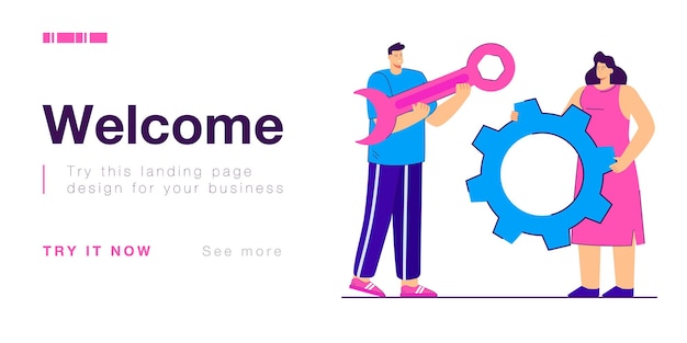 Tiny man with spanner and woman with gearwheel. colleagues\
holding tools for technical support flat vector illustration.\
repair service, teamwork concept for banner, website design or\
landing web page