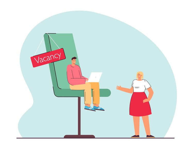 Free Vector tiny manager sitting on chair with vacancy sign and hiring woman. female employee at job interview flat vector illustration. recruitment, employment, job interview concept for banner or landing page