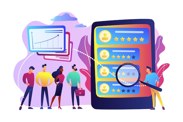 Tiny people analyst observing the workers performance on tablet. performance rating, employee work measurement, work efficiency feedback concept.