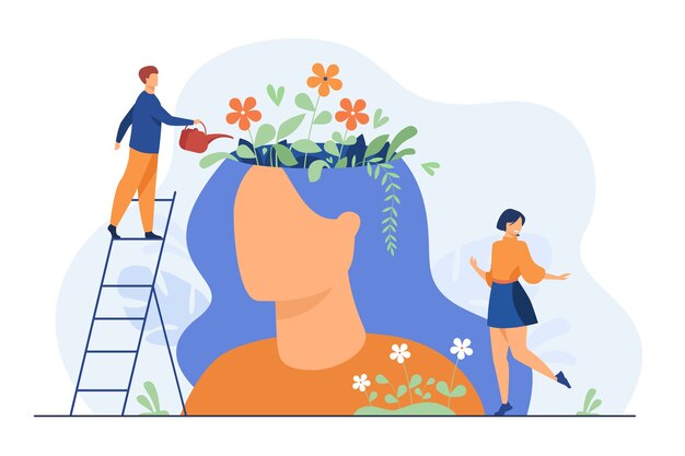 Tiny people and beautiful flower garden inside female head isolated flat illustration.