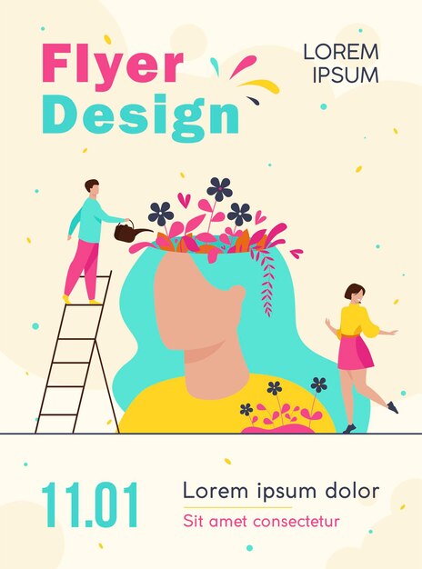 Tiny people and beautiful flower garden inside female head isolated flyer template