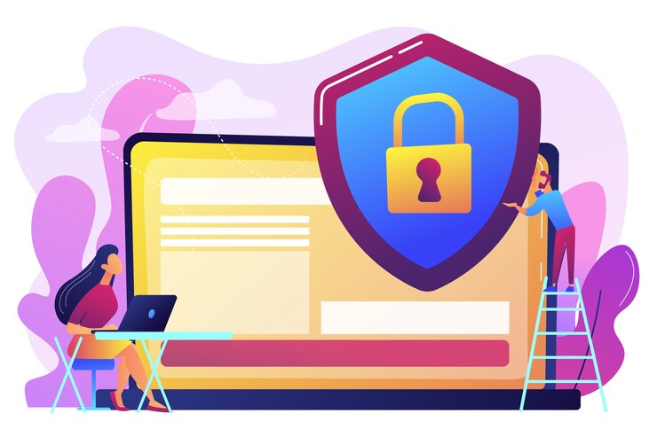 Free Vector tiny people businessman with shield protecting data on laptop. data privacy, information privacy regulation, personal data protection concept. bright vibrant violet  isolated illustration