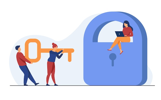 Free vector tiny people carrying key to open padlock