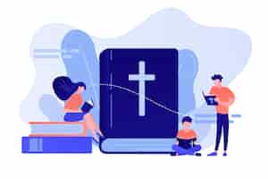 Бесплатное векторное изображение Крошечные люди-христиане читают библию и узнают о христе. библия, священная священная книга, понятие слова божьего. розовый коралловый синий вектор изолированных иллюстрация