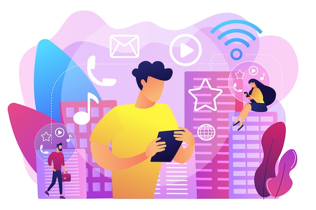 Free vector tiny people connected with multiple intelligent devices in smart city. connected living, global online services, intelligent devices network concept.