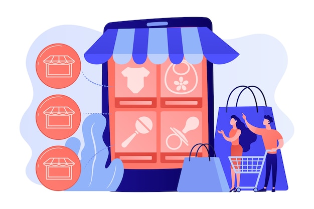 Tiny people customers buy babies goods online from smartphone. Niche service marketplace, innovative online retail, particular goods e-trade concept illustration
