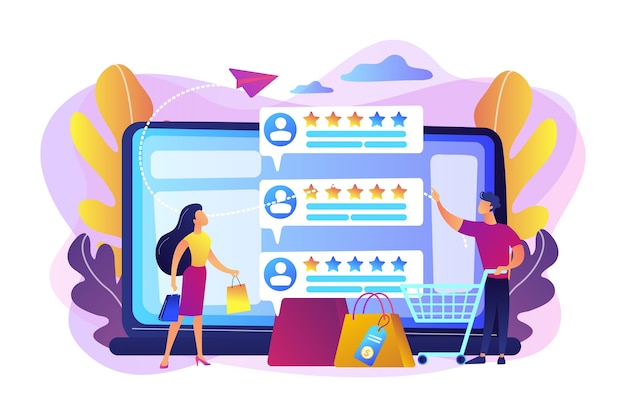 Tiny people customers rating online with reputation system program. Seller reputation system, top rated product, customer feedback rate concept.  