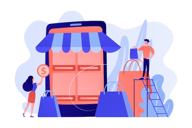 Free vector tiny people customers with bags shopping online with smartphone. mobile based marketplace, mobile e-shop app, online e-commerce marketplace concept illustration