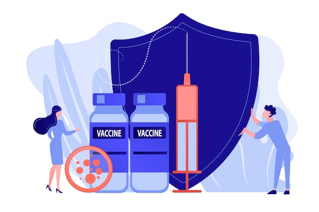 無料ベクター 小さな人々の医者とワクチン、シールド付きの注射器。予防接種プログラム、病気の予防接種ワクチン、医療健康保護の概念。ピンクがかった珊瑚bluevectorベクトル分離イラスト