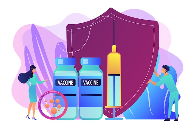 Tiny people doctors and syringe with vaccine, shield. Vaccination program, disease immunization vaccine, medical health protection concept. Bright vibrant violet  isolated illustration