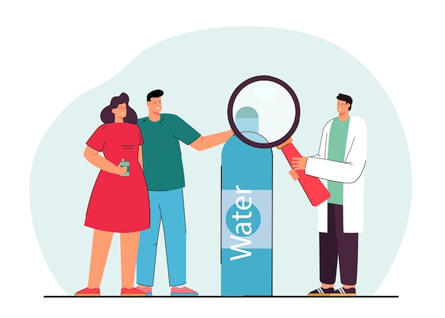 Tiny people drinking water and man with magnifier looking at bottle. people testing water quality flat vector illustration. healthy lifestyle concept for banner, website design, landing web page