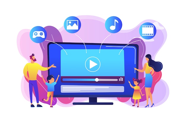 Tiny people family with kids watching smart television content. smart tv content, smart tv interactive show, high resolution content concept. bright vibrant violet  isolated illustration