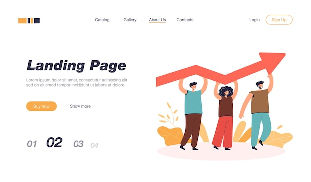 Tiny people holding growing arrow landing page template