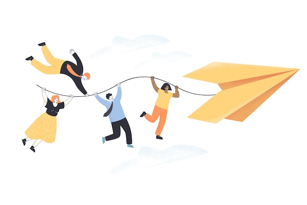 Free vector tiny people holding thread from paper origami plane. business people or colleagues moving toward goal or purpose flat vector illustration. leadership, future, achievement, challenge concept