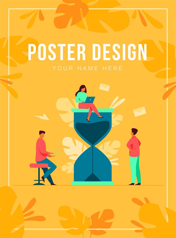 Free Vector tiny people and huge sand glass flat vector illustration. cartoon team working together with laptops