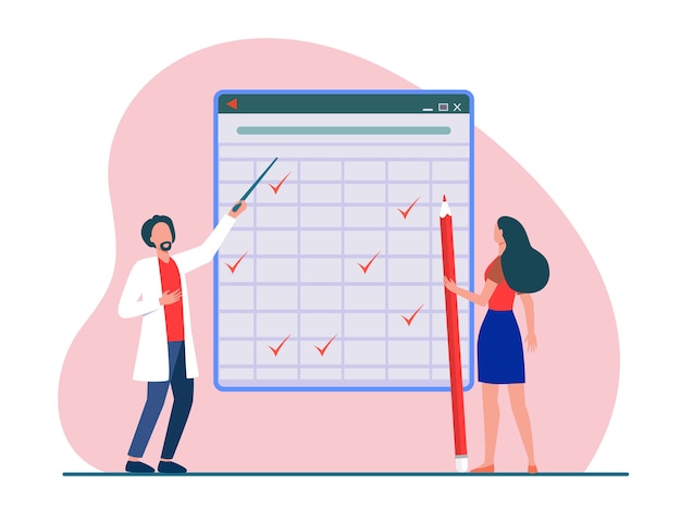 無料ベクター 巨大なテーブルのチェックマークを見る小さな人々。鉛筆、女性、マークフラットベクトルイラスト。レポートとデジタル技術