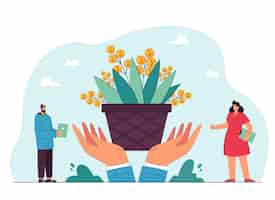 Free vector tiny people looking at money tree with huge hands holding it