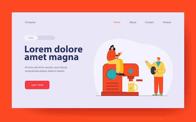 Tiny people making coffee landing page in flat style