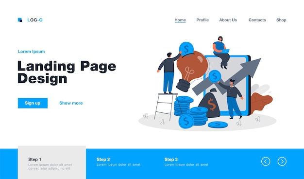 Tiny people making investment into idea, creative project landing page in flat style