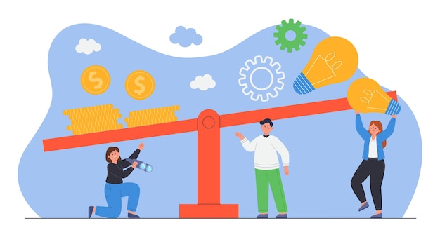 Free vector tiny people measuring money and light bulbs on scales. characters comparing financial profit and innovation, looking for target, evaluating value of idea flat vector illustration. research concept