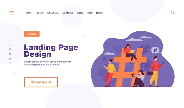 無料ベクター ソーシャルメディアのランディングページテンプレートのハッシュタグの近くにいる小さな人々